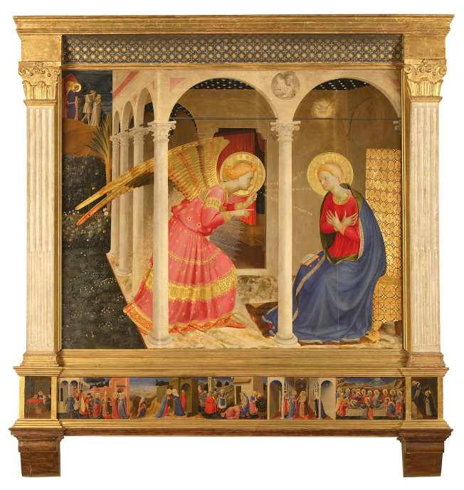 Annunciation of Cortona is an altarpiece intended for display in a church. Lots of gold, deep colors, decorations and complexity.